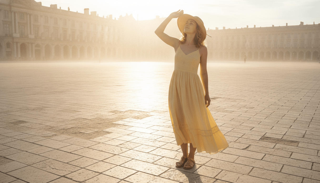 Femme se protégeant du soleil à Bordeaux sous forte chaleur