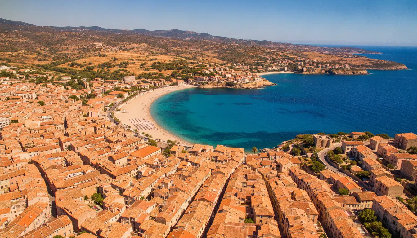 Vue aérienne d'une ville méditerranéenne française sous un soleil de plomb