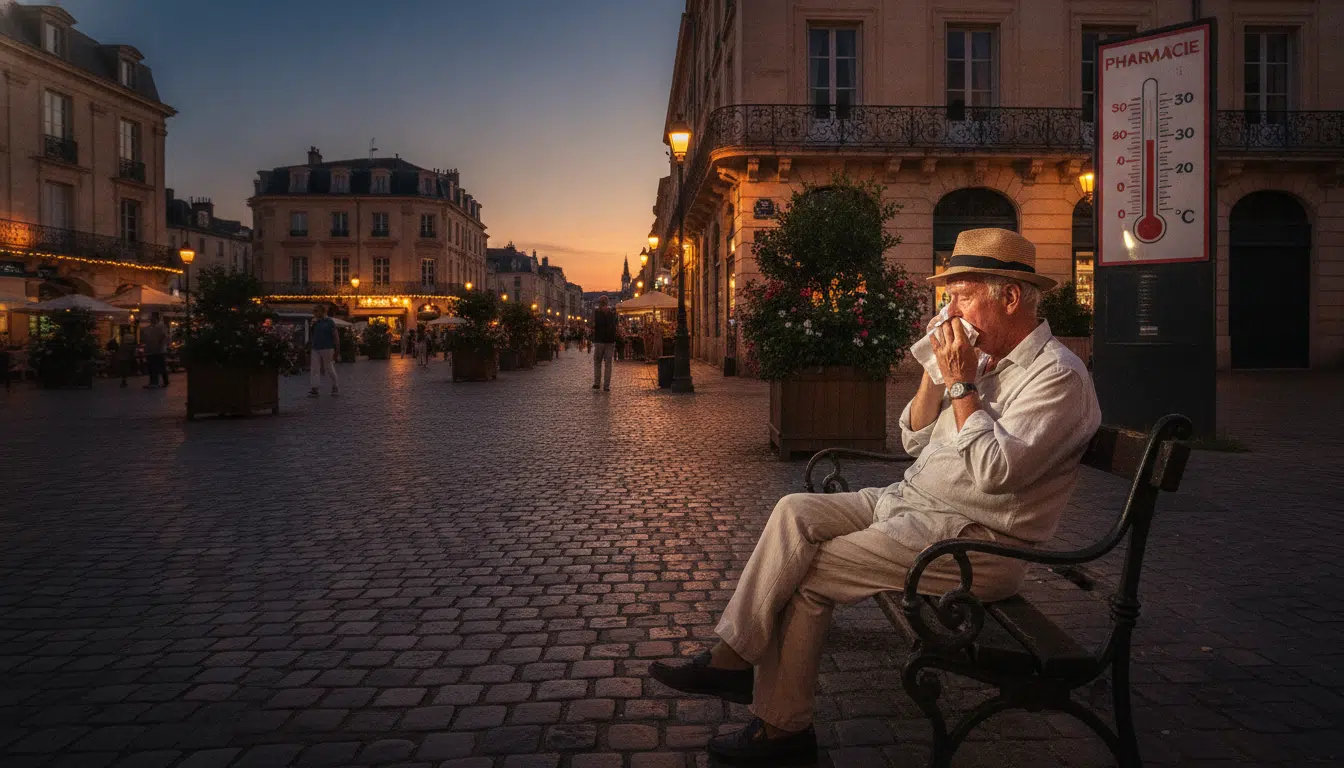 Homme âgé essuyant la sueur sur un banc lors d'une soirée chaude