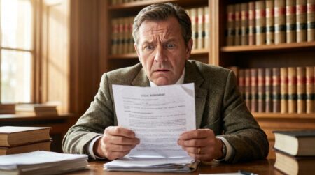 Homme inquiet découvrant un document chez le notaire