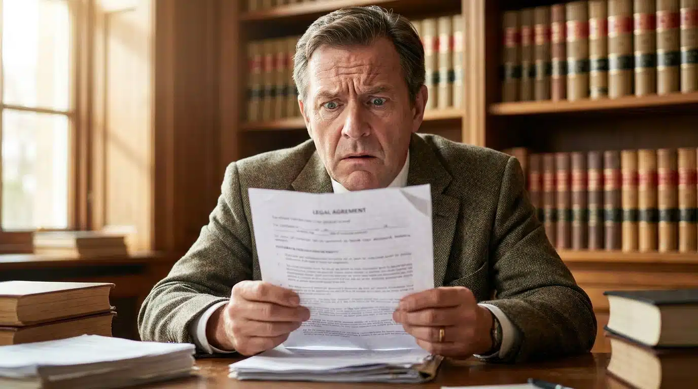 Homme inquiet découvrant un document chez le notaire