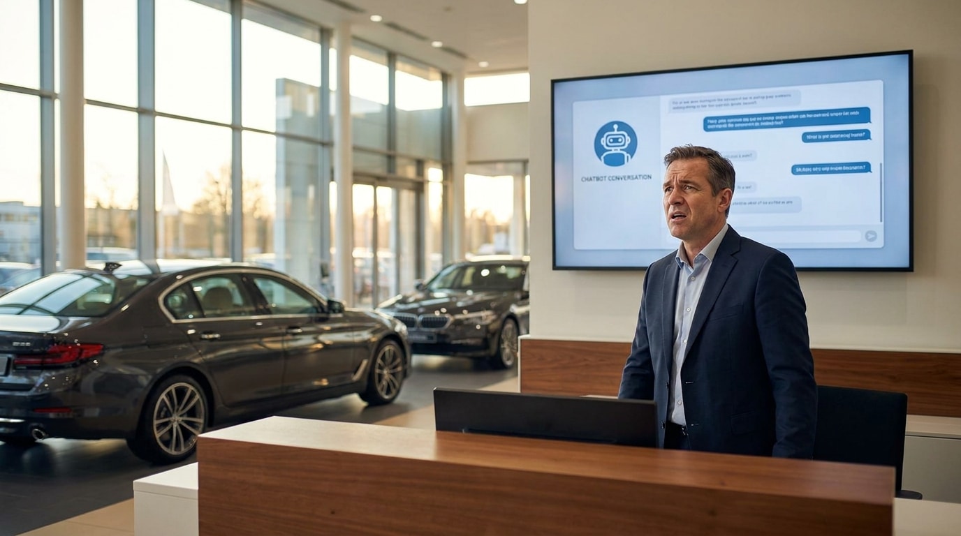 Vendeur perplexe devant un écran de chatbot en concession automobile