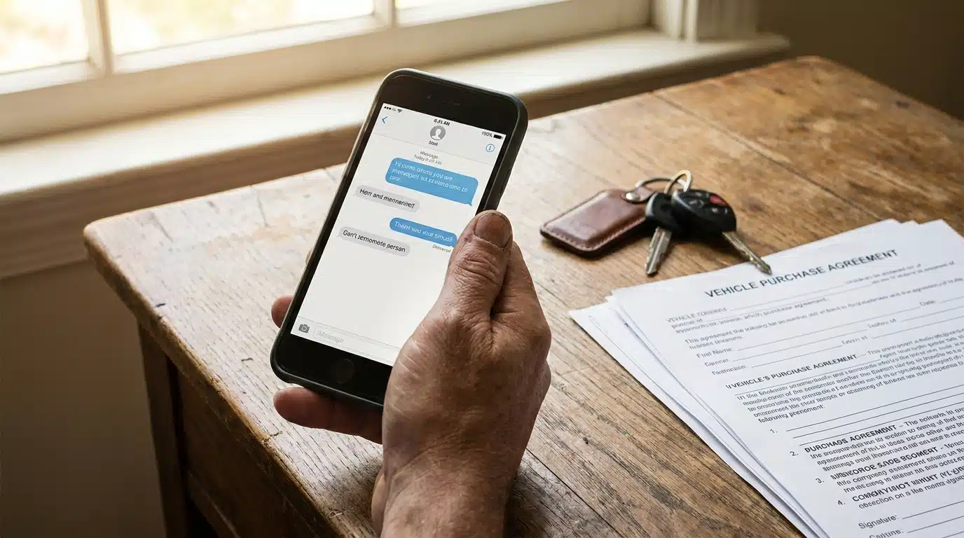 Main tenant un smartphone avec une conversation texto près de clés de voiture