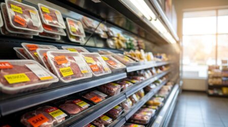 Barquettes de viande à prix réduit dans un rayon réfrigéré