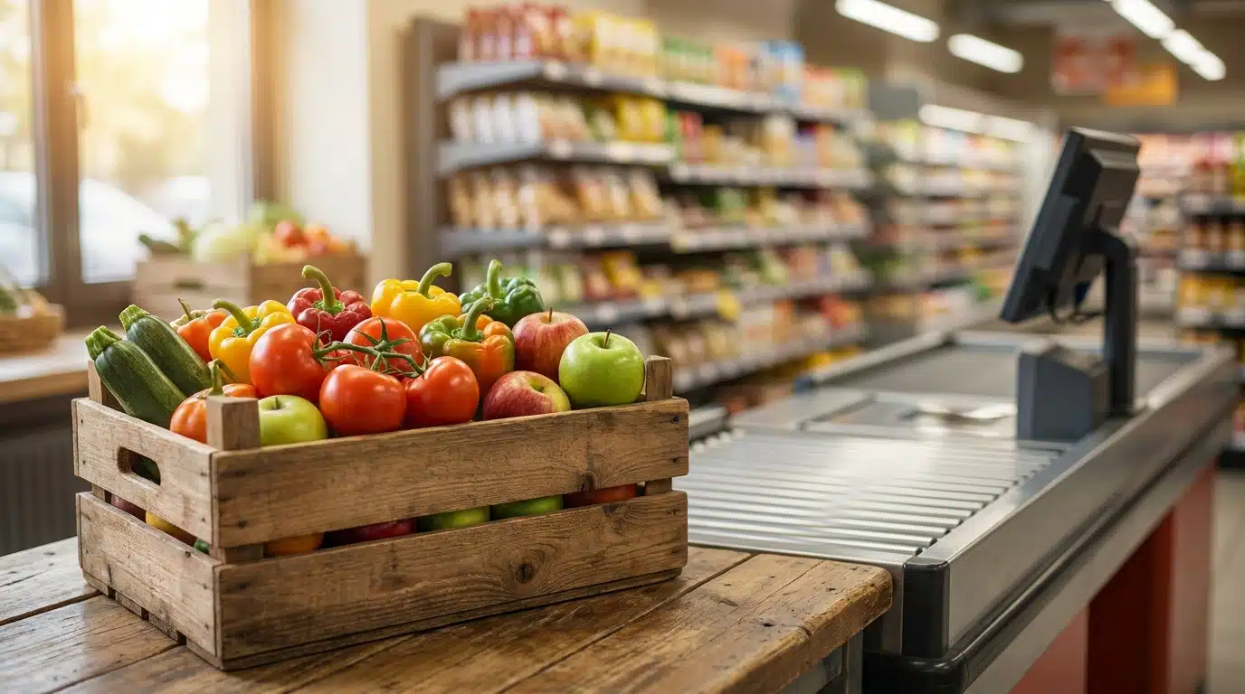 Cagette de fruits et légumes frais près des caisses