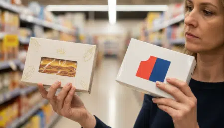 Femme comparant deux boîtes de lasagnes en supermarché