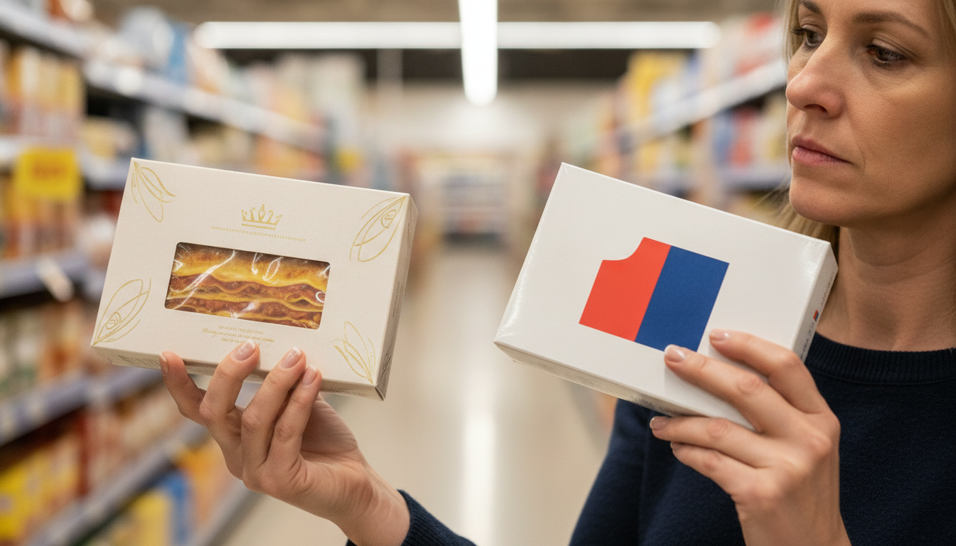 Femme comparant deux boîtes de lasagnes en supermarché