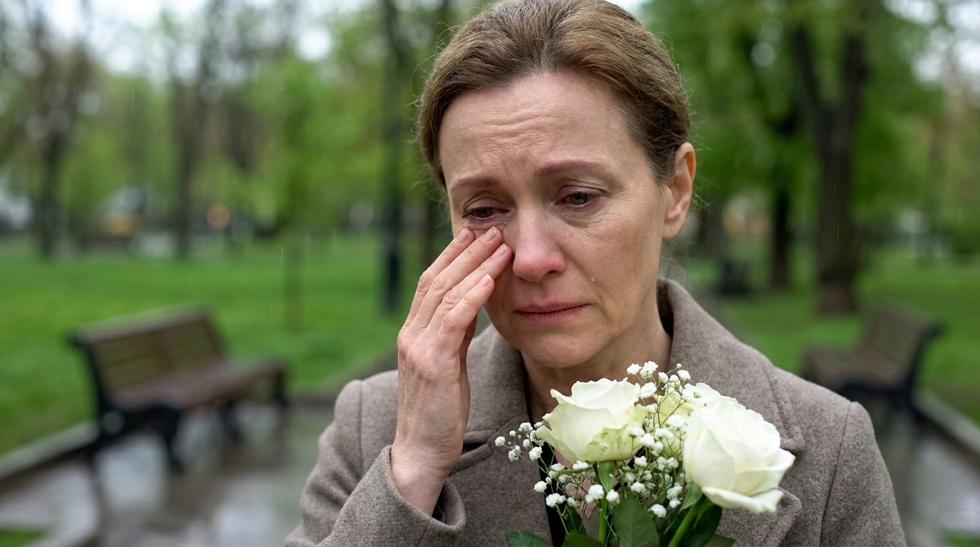 Femme en larmes tenant un bouquet de fleurs blanches