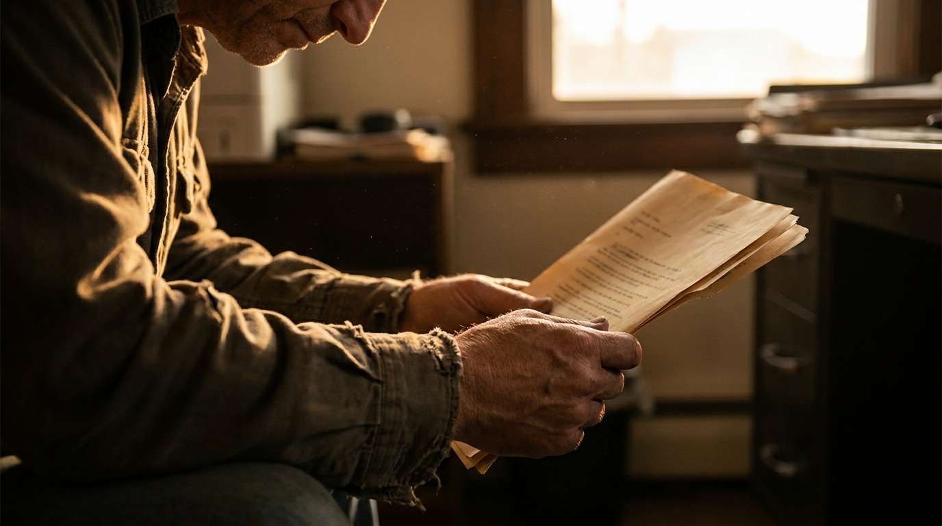 Mains tenant un document officiel dans un bureau sombre