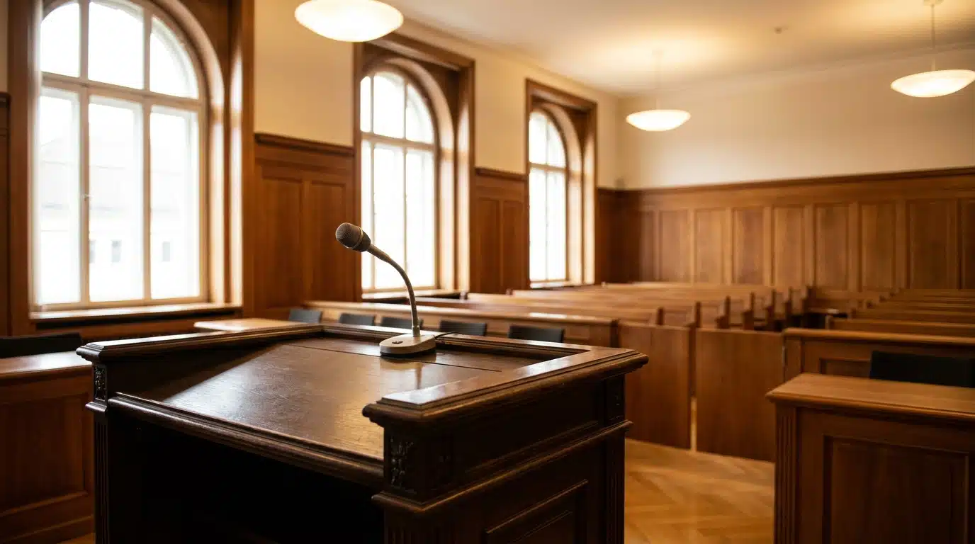 Intérieur vide d'un tribunal suisse avec banc du juge