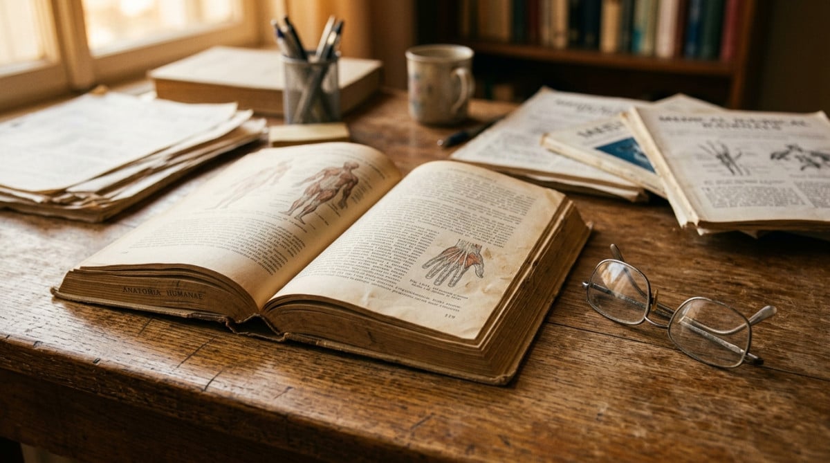 Livre ouvert sur un bureau avec des articles scientifiques