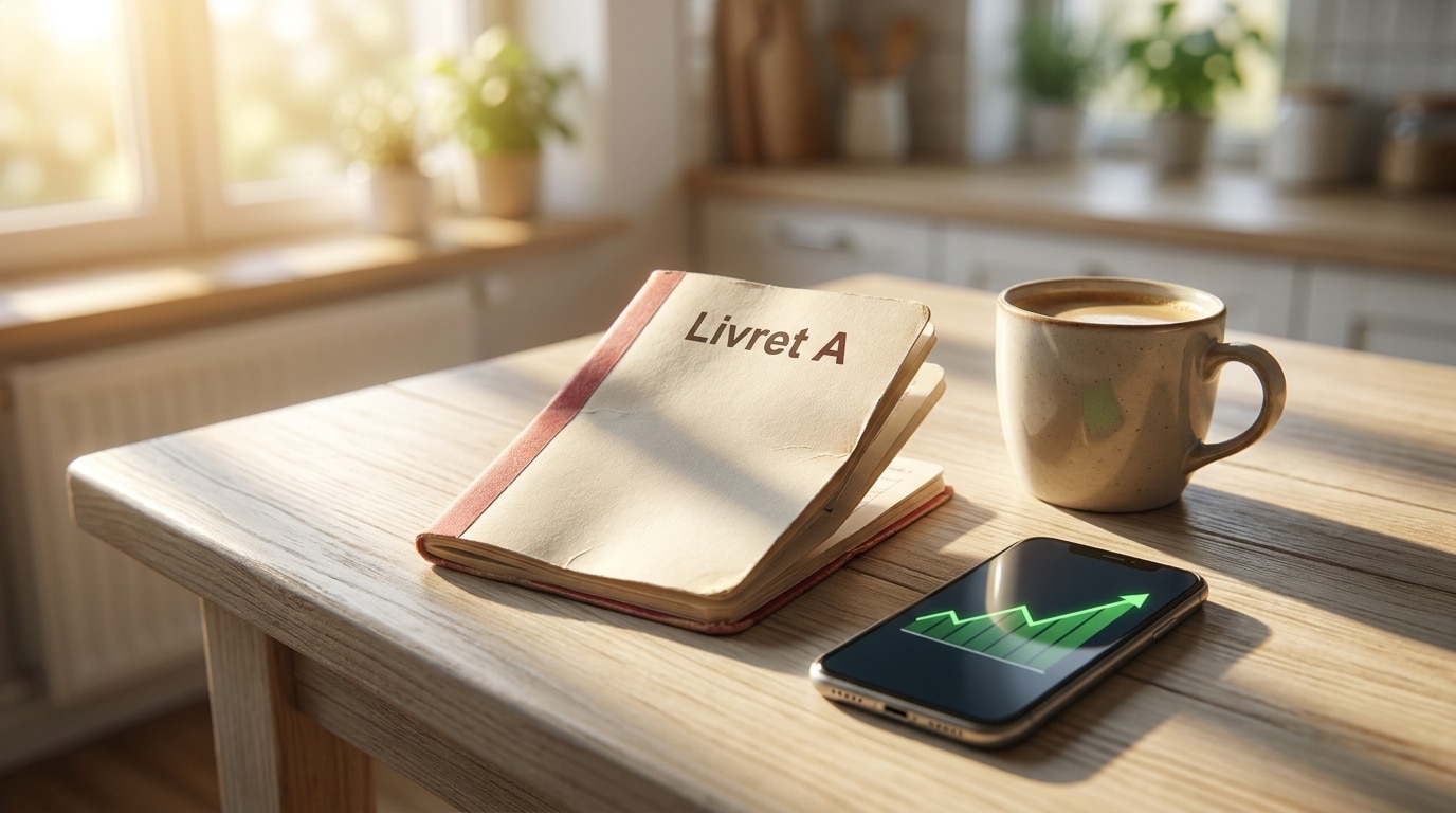 Livret A ouvert sur une table en bois avec café