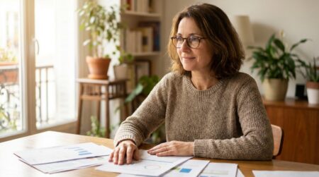 Femme examinant des documents financiers avec soulagement