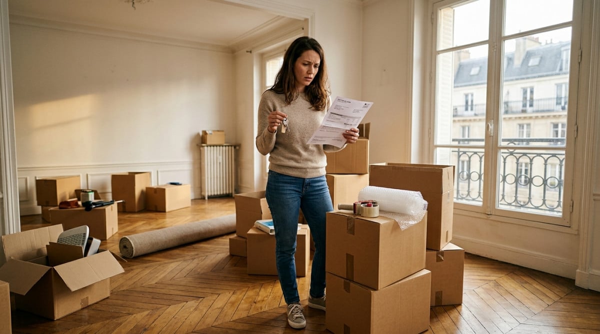 Locataire perplexe tenant ses clés et une facture de loyer dans un appartement vide