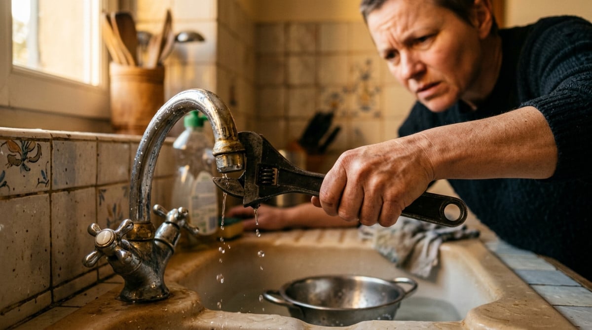 Locataire tentant de réparer un robinet qui fuit dans sa cuisine