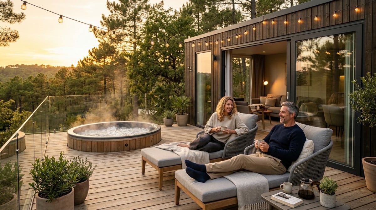Lodge de glamping moderne avec jacuzzi dans un camping français en 2026