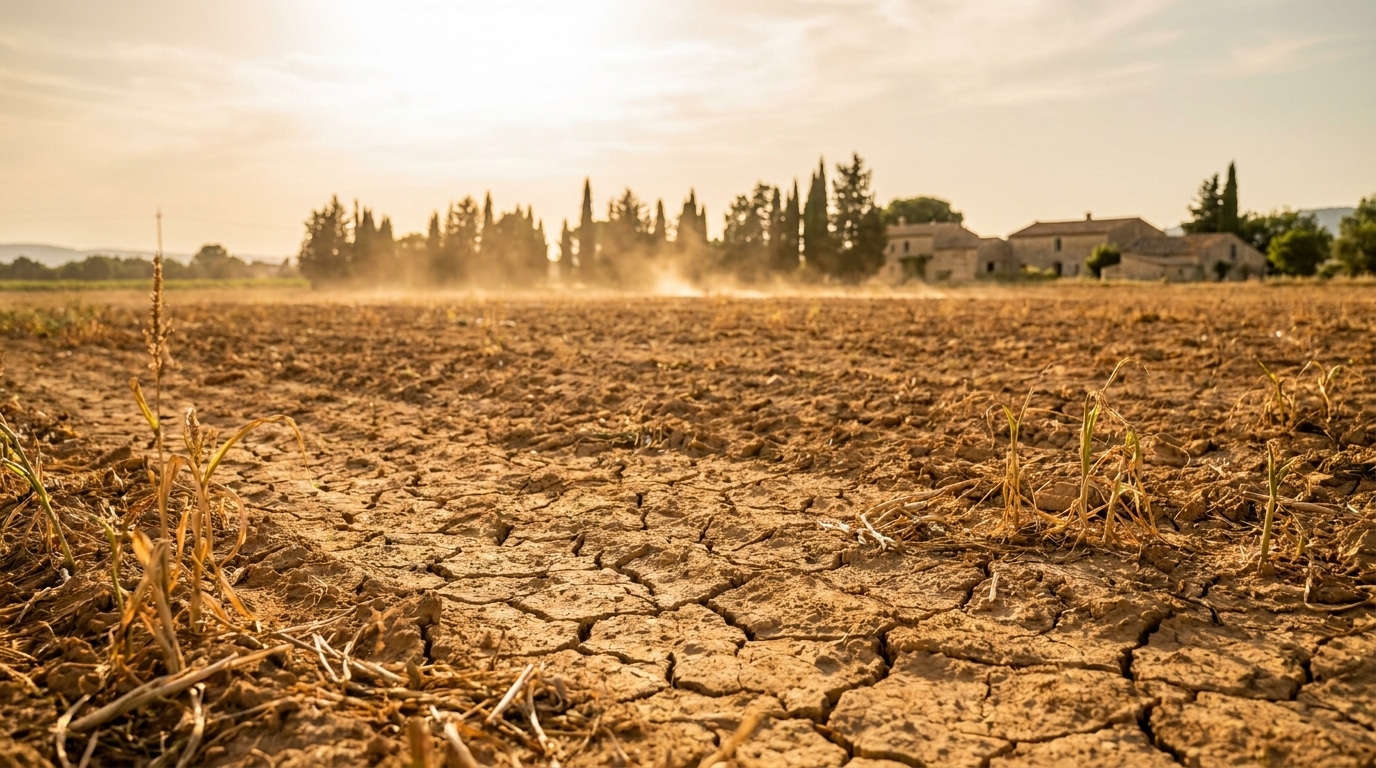 Terre craquelée dans un champ agricole sous un soleil brûlant