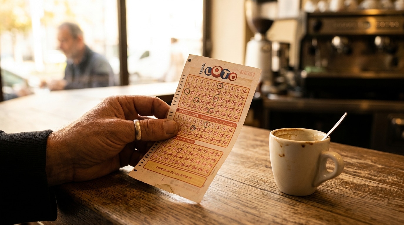 Grille de Loto remplie posée sur une table de café