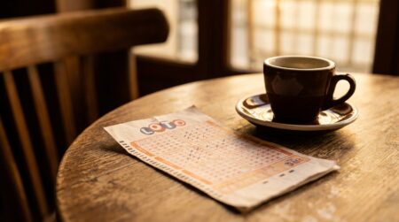 Grille de Loto posée sur une table de café en bois