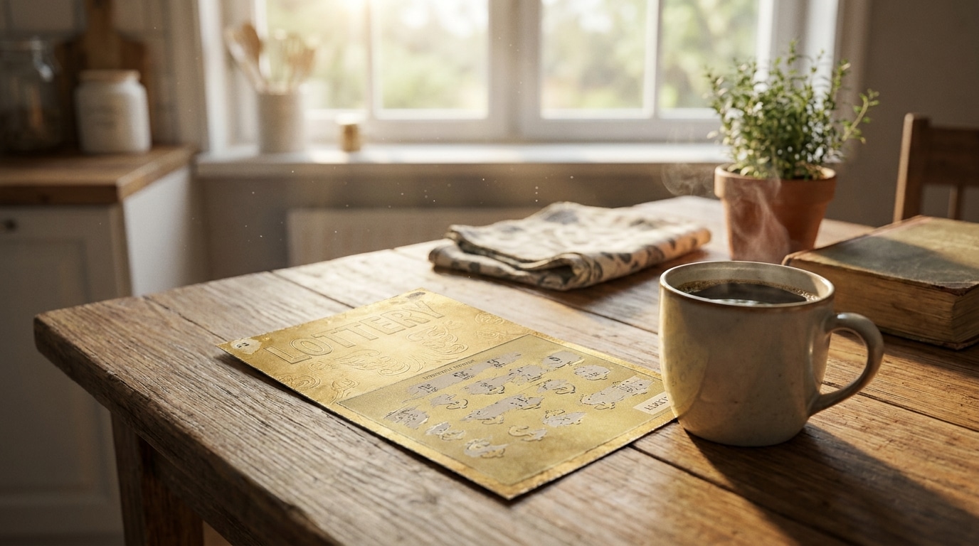 Ticket de loterie doré posé sur une table en bois