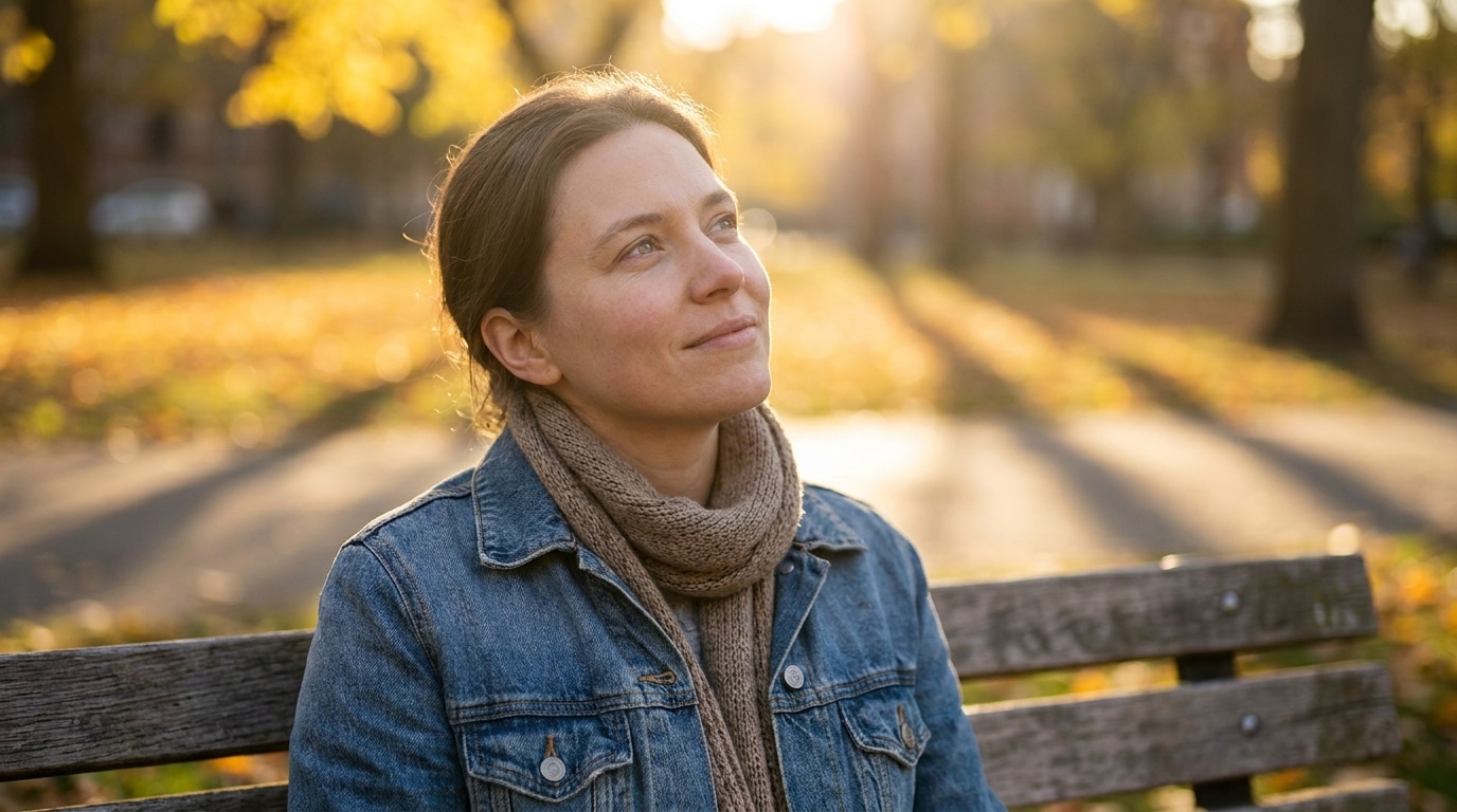 Personne rêveuse assise sur un banc au soleil couchant
