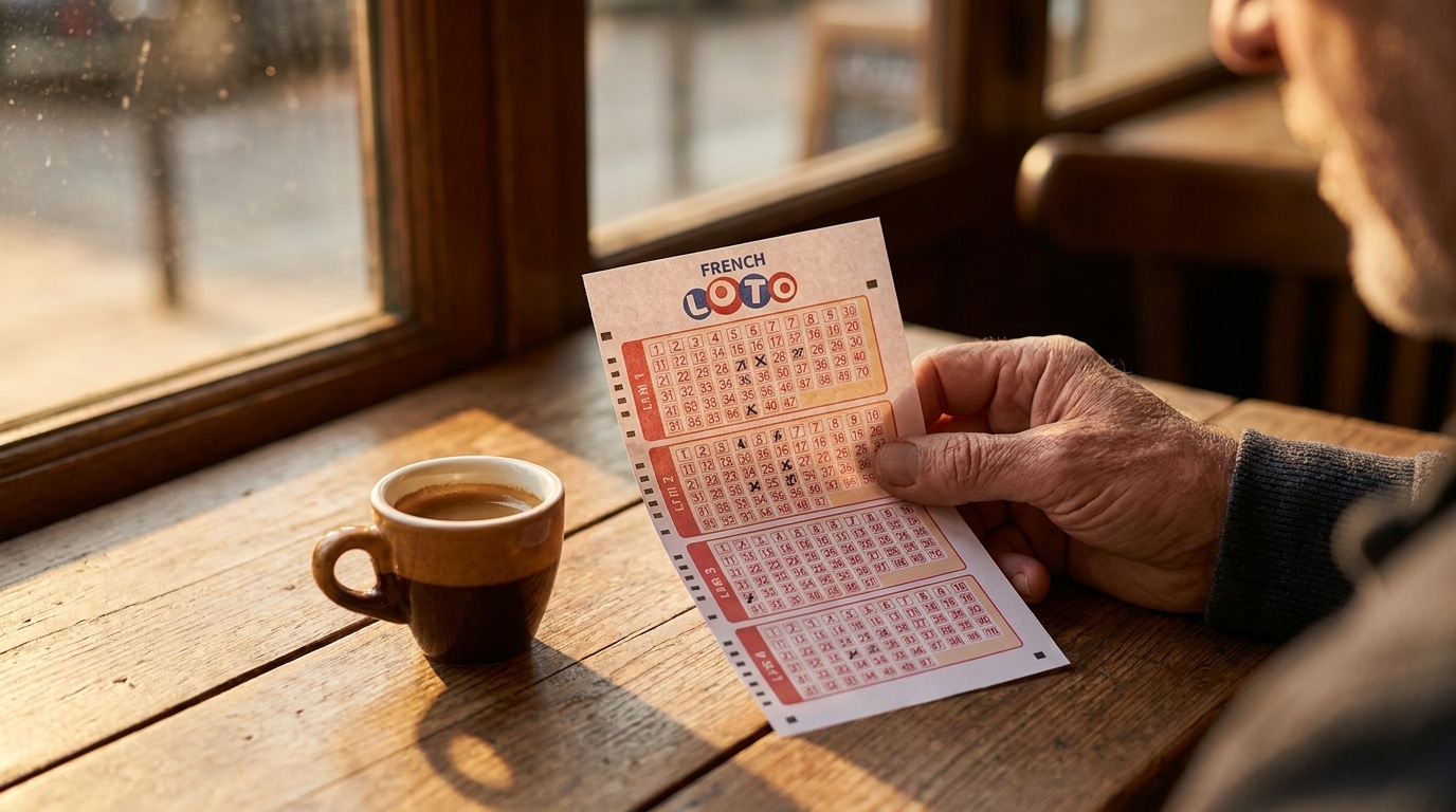 Grille de Loto remplie posée sur une table de café