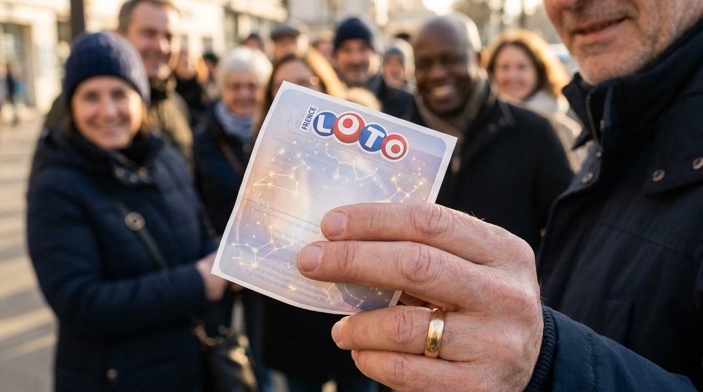 Main tenant un ticket de Loto avec reflets zodiacaux