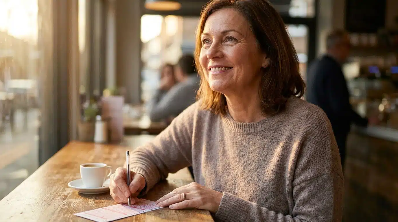 Femme remplissant une grille de Loto au café