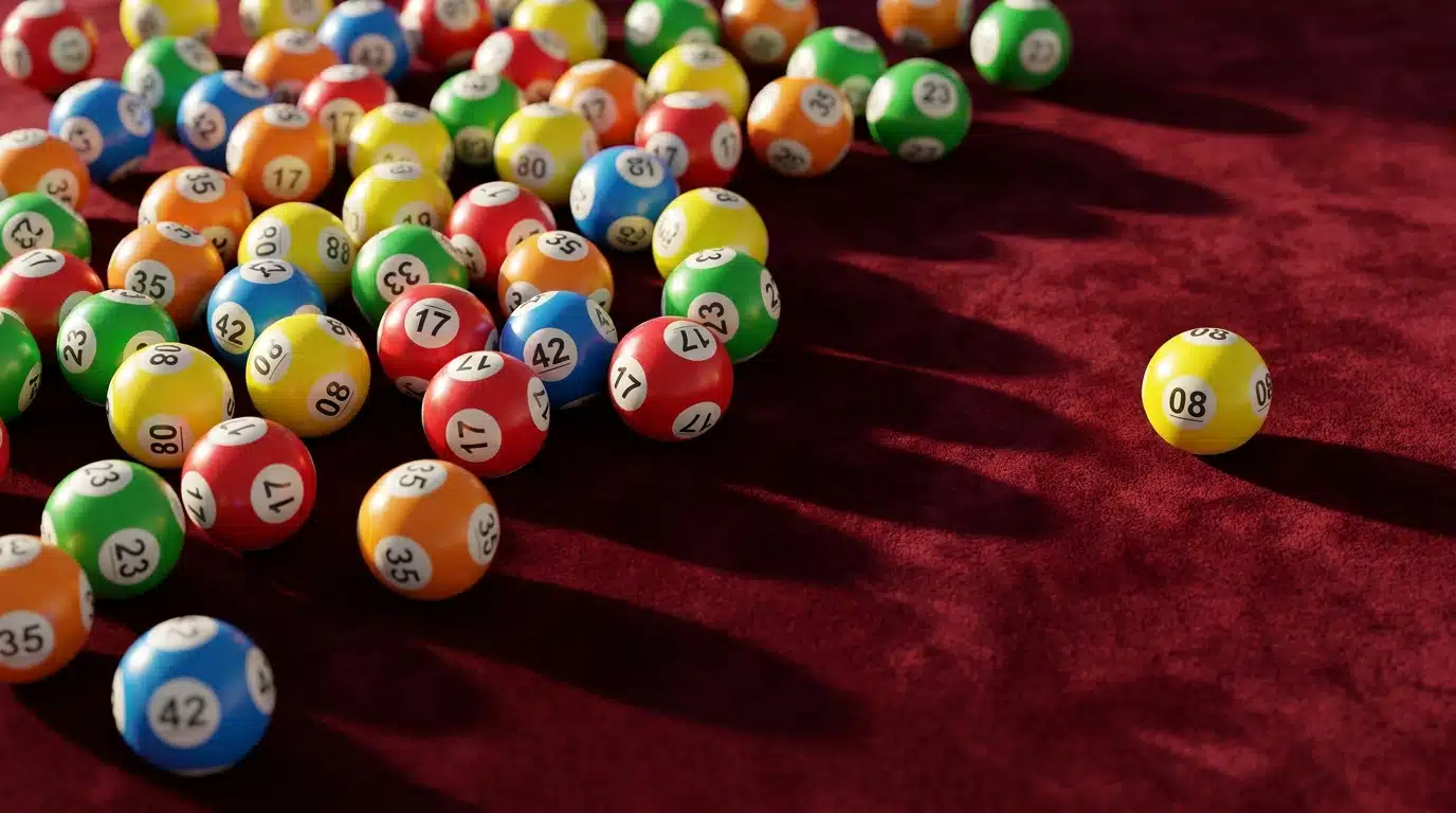 Boules de loto numérotées éparpillées sur velours sombre