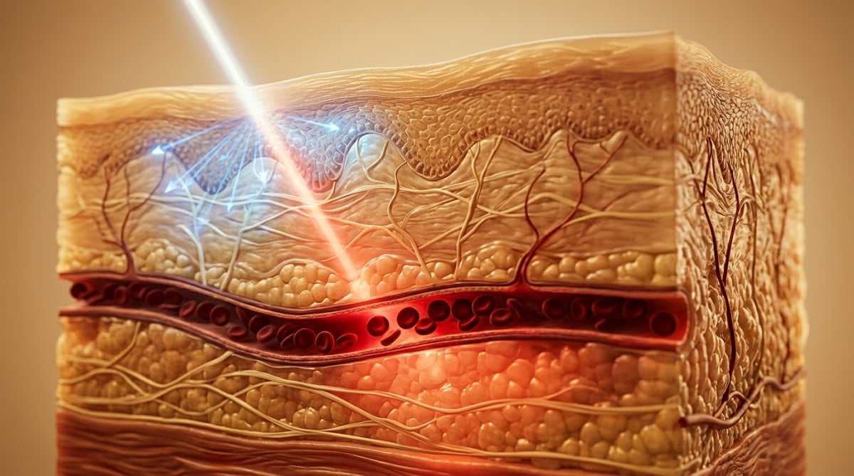 Lumière traversant la peau et interagissant avec les veines