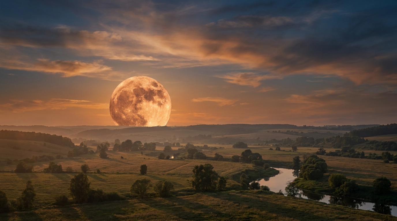 Pleine lune cuivrée se levant à l'horizon au crépuscule