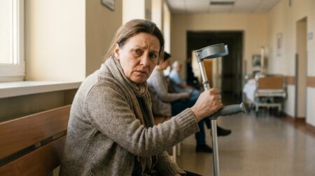 Femme quinquagénaire assise à l'hôpital avec une béquille