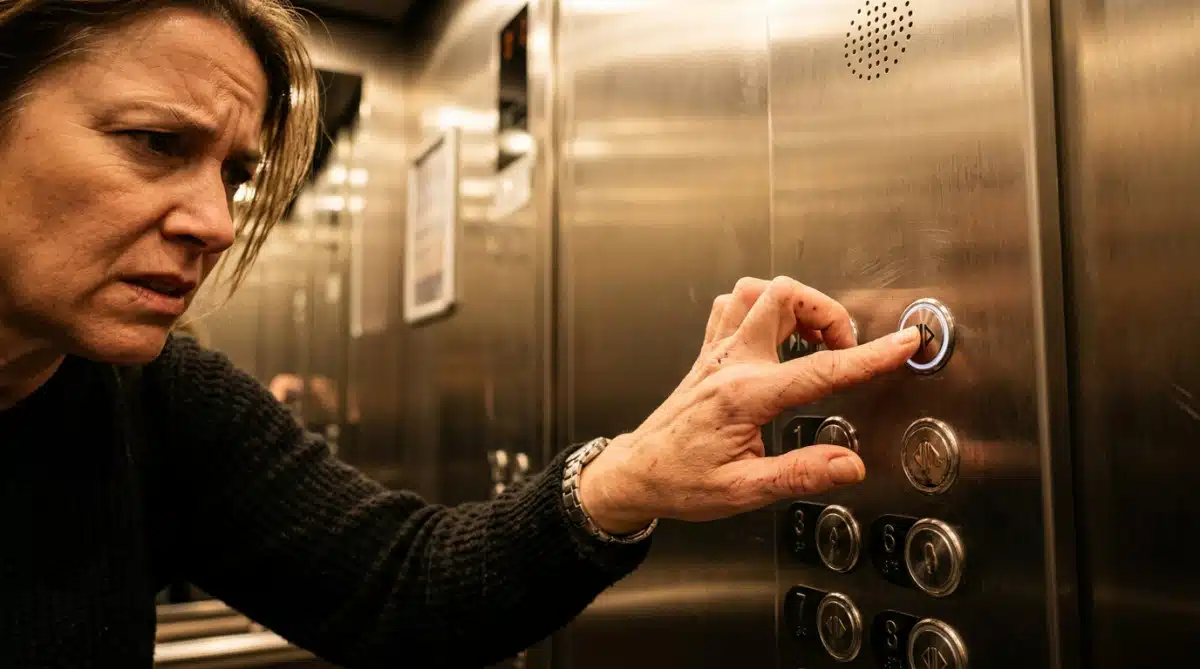 Main appuyant frénétiquement sur le bouton fermer portes d'un ascenseur