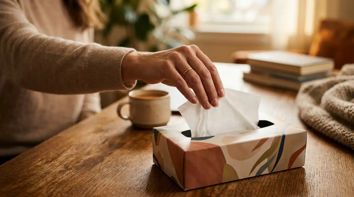 Main attrapant un mouchoir dans une boîte Kleenex