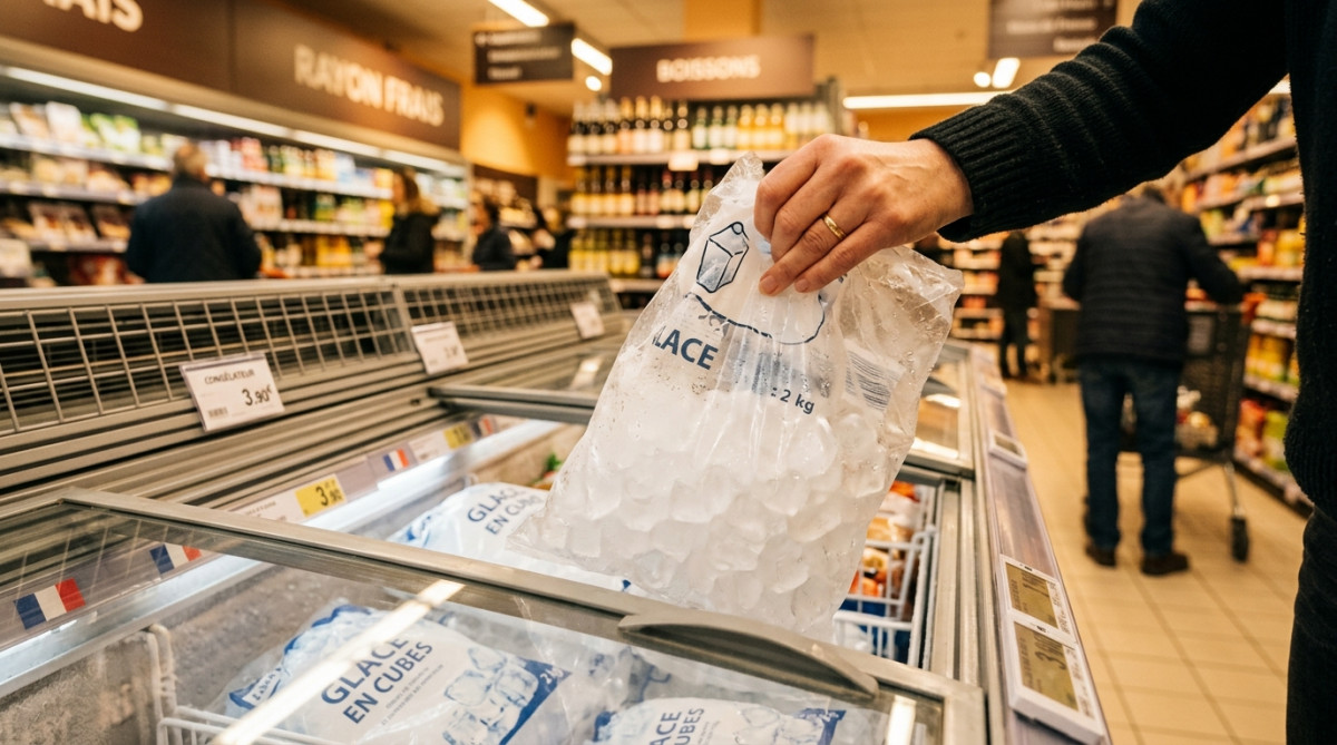 Main attrapant un sac de glaçons au supermarché