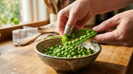 Main avec dé à coudre ouvrant une cosse de petits pois