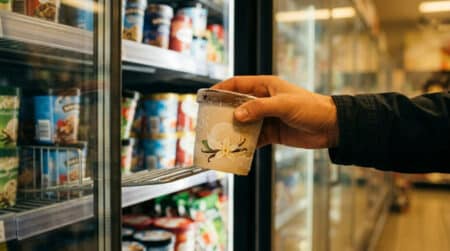Main choisissant un pot de glace premium en supermarché