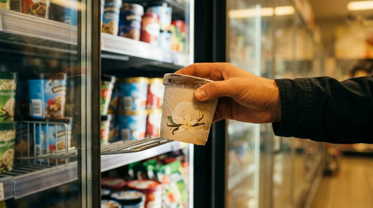Main choisissant un pot de glace premium en supermarché