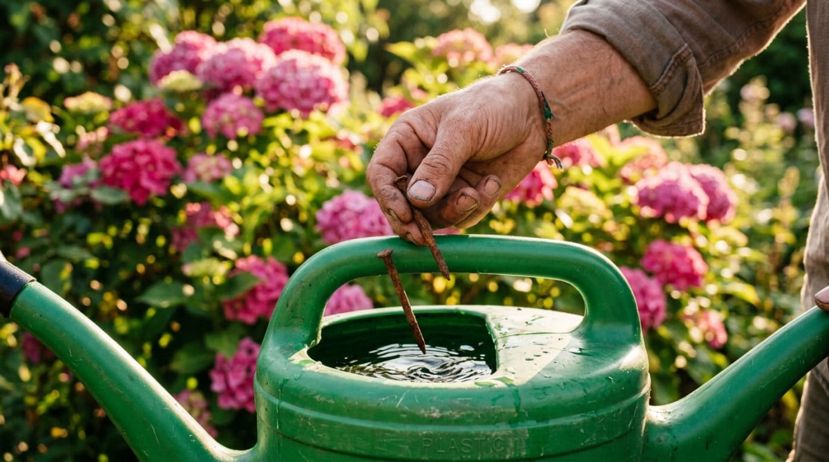 Main déposant des clous rouillés dans un arrosoir au jardin