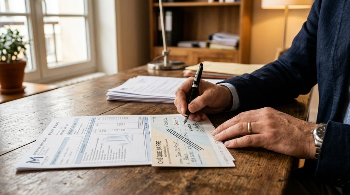 Main d'un employeur rédigeant un chèque de salaire