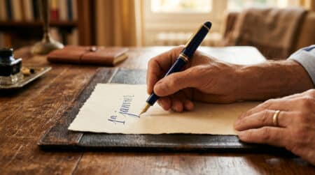 Main écrivant 1er janvier à la plume sur papier