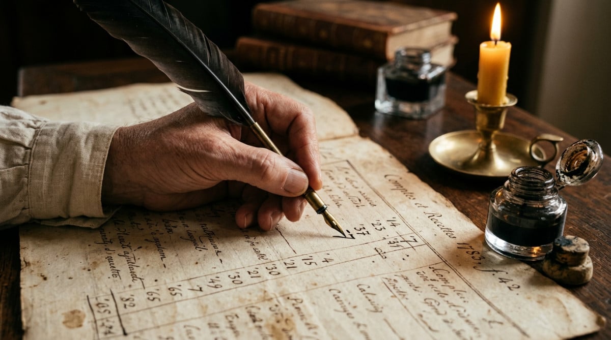 Main écrivant un chiffre 7 barré à la plume sur un registre ancien