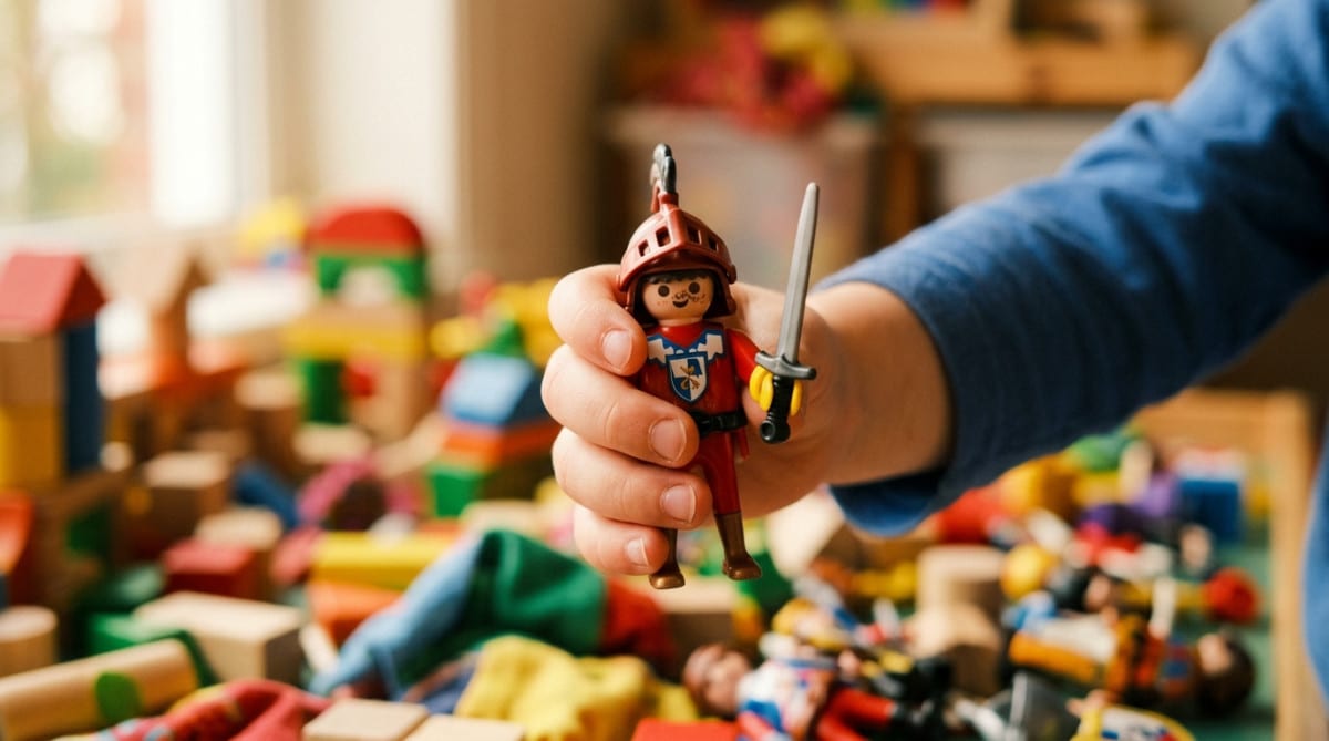 Main en C d'un Playmobil tenant un accessoire miniature