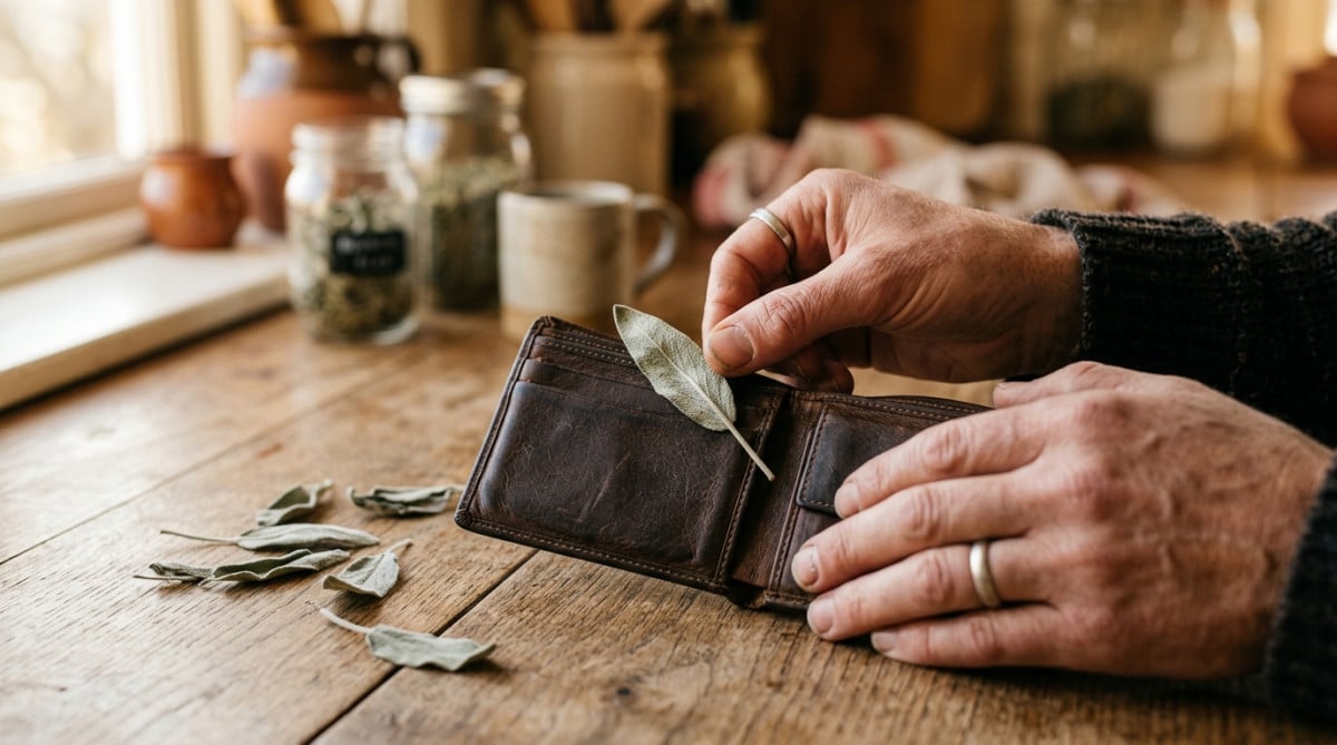 Main glissant une feuille de sauge séchée dans un portefeuille en cuir