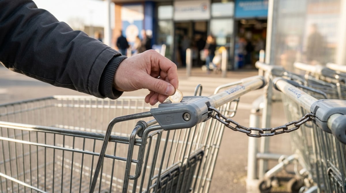 Main insérant une pièce dans le mécanisme d'un caddie
