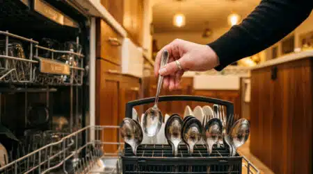 Main plaçant des couverts manche vers le bas dans un lave-vaisselle