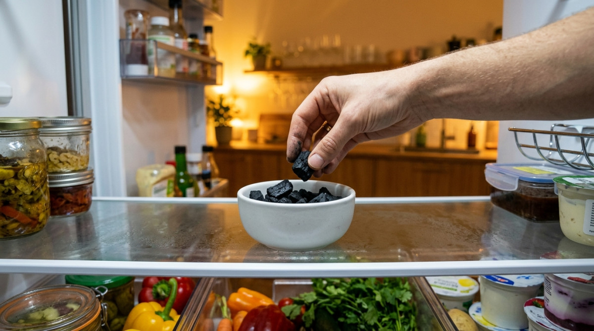 Main plaçant du charbon actif dans un frigo