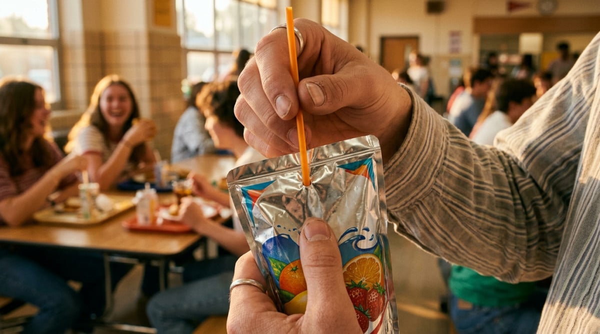 Main plantant une paille dans une gourde Capri-Sun
