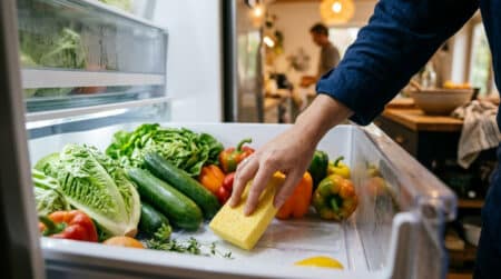Main posant une éponge sèche dans un bac à légumes de frigo