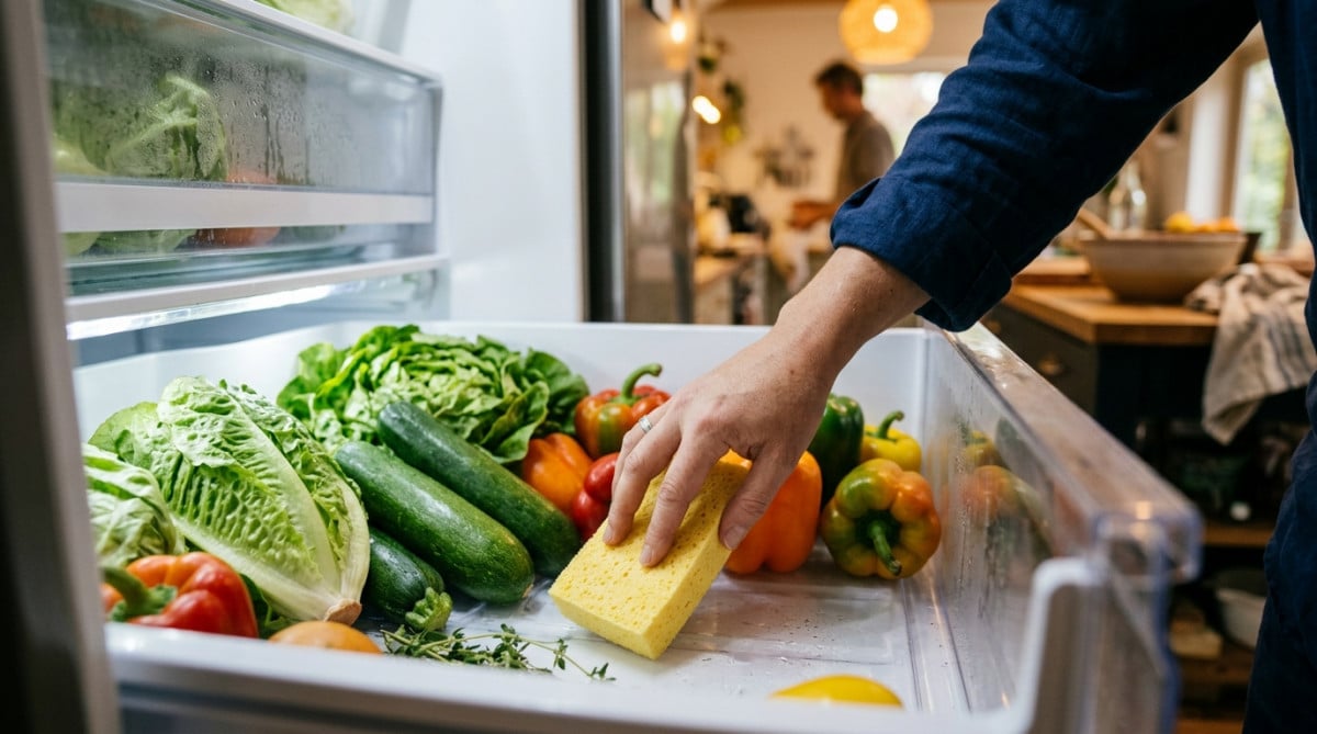 Main posant une éponge sèche dans un bac à légumes de frigo